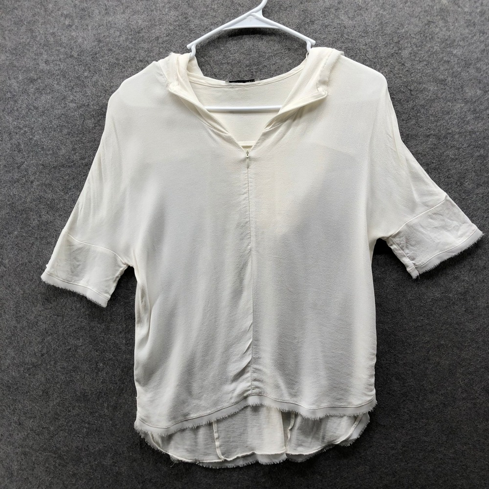 Zara Short Sleeve Zip Hoodie Crepe Top Womens S White Fringe Mixed Media